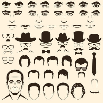 vector men  eye, lips, hair, face parts, head character