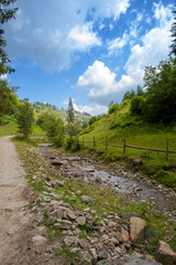 Mountain trail in late summer with sky and trees in Karpathian 