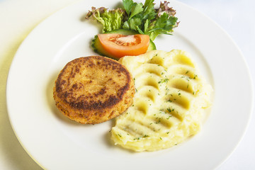 fried steak with mashed potatoes