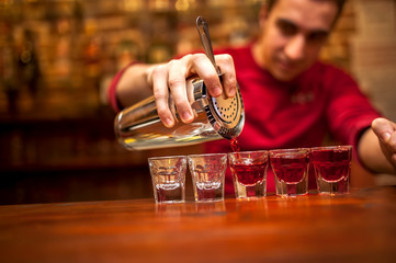 barman with cocktail shaker pouring red alcoholic drink