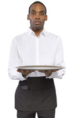 black male waiter carrying a blank tray for composites
