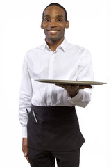 black male waiter carrying a blank tray for composites