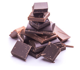 Roughly cut chunks of a chocolate bar on the white