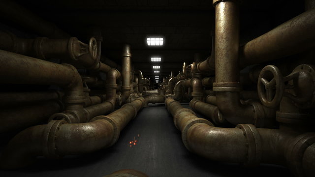 Industrial underground tunnel with piping system.