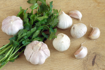 Ripe garlic and parsley on a wooden cutting board closeup