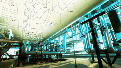 Sketch of piping design mixed with industrial equipment photos