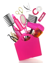 Papier Peint photo autocollant Salon de coiffure Various hairstyling equipment in shopping bag isolated on white