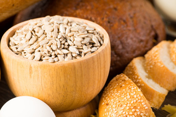 Fresh bread, eggs, pasta and grains