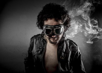 Hot, biker with sunglasses era dressed Leather jacket, huge smok © Outsiderzone