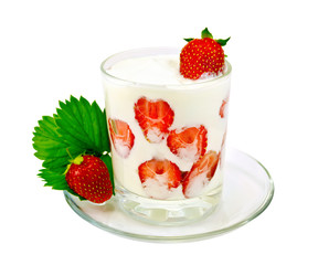 Yogurt thick with strawberries in glass on saucer