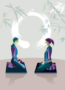 Man and Woman Meditating with Enso