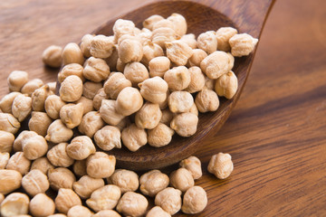 dried white chickpeas ceci on the wooden spoon
