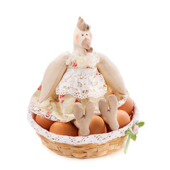 Fototapeta na wymiar Textile handmade toy (chicken with eggs in the nest)