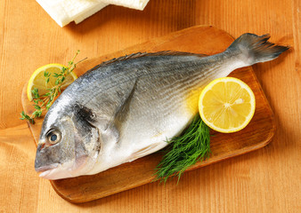 Fresh sea bream on cutting board