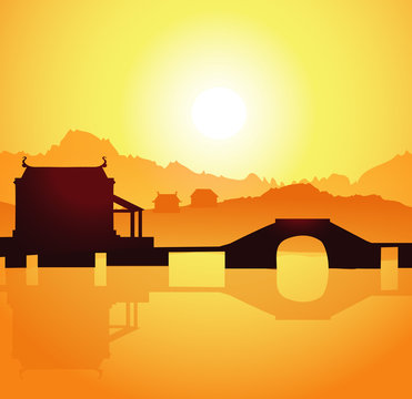 Morning River Landscape in China-vector