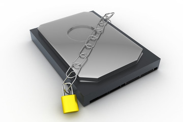 hard disk secured with a strong iron chain and padlock