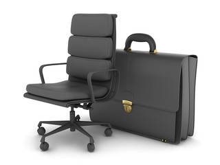 Leather business briefcase and office chair