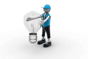 3d man holding a light bulb while thinking - Idea concept