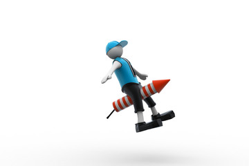 3d man flying rocket
