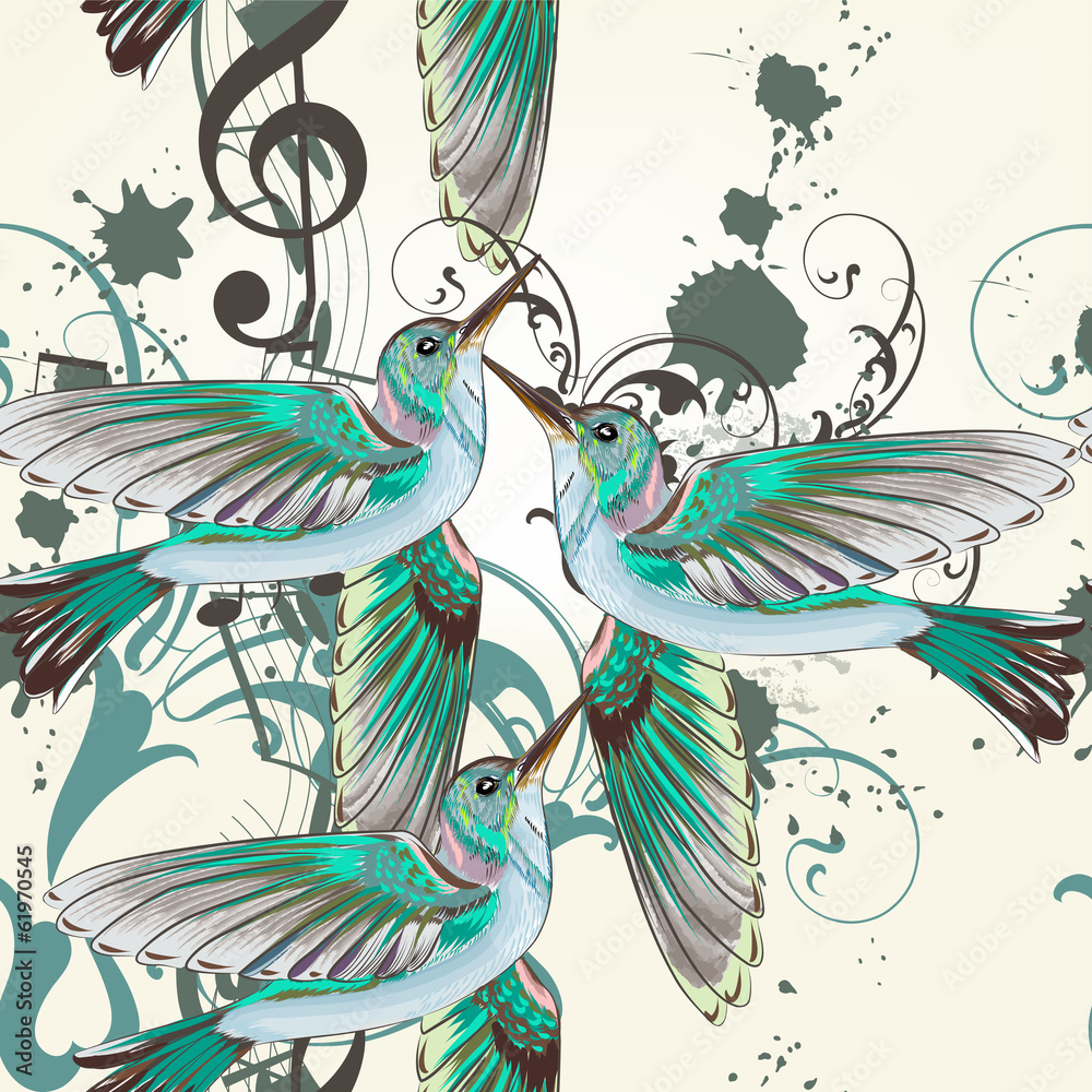 Poster seamless vector pattern with humming birds in watercolor style