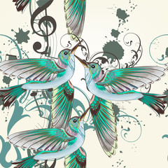 Fototapeta premium Seamless vector pattern with humming birds in watercolor style
