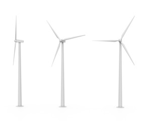 set of three various wind turbines isolated on white background