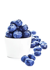 Blueberries in a bowl isolated on white background close up. Blu