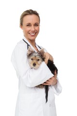 Cheerful vet holding yorkshire terrier puppy smiling at camera