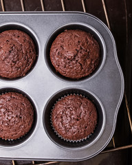 Chocolate muffins in a baking tin
