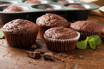 Homemade delicious chocolate muffins close-up