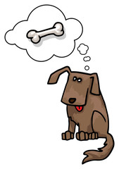 Cute cartoon dog sketch, thinking about a bone