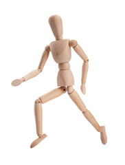 Wooden figure dummy running, isolated on white