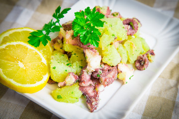 Octopus salad with lemon slice and potatoes with parsley