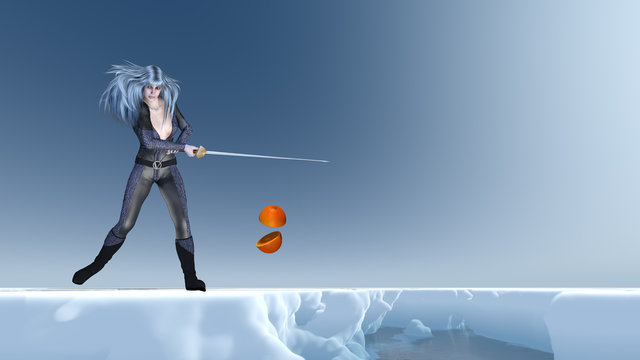 Schwertkämpferin in der Arktis zerteilt eine Orange