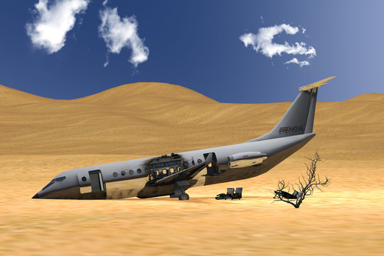 Abgestürztes Verkehrsflugzeug im Wüstensand
