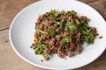 Stir-fried spicy minced beef.