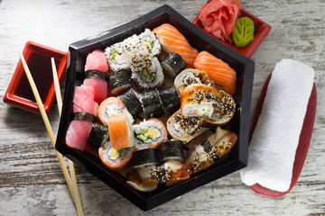 Sushi roll made dish. Sushi assorti.