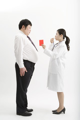 doctor taking out red card to obese male