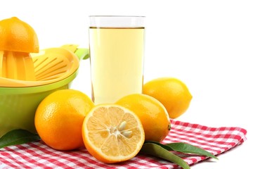 Citrus press and lemons isolated on white