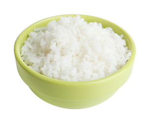 Cooked rice in bowl isolated on white