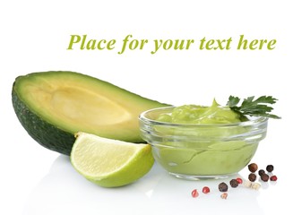 Fresh guacamole in bowl isolated on white