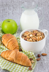Healthy breakfast with milk and fresh fruit and cereals