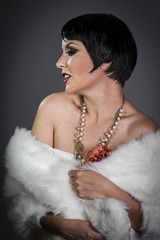 Retro posing lady,  flapper dress, Girl dreaming beautiful young