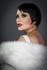 Brunette, Retro posing lady,  flapper dress, Girl dreaming beaut