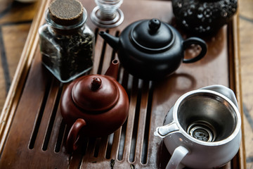 Three teapots ready for an asian tea ceremony