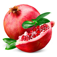 Ripe pomegranate with leaves isolated on a white background