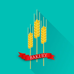 illustration with ears of wheat and red ribbon. bakery sign.