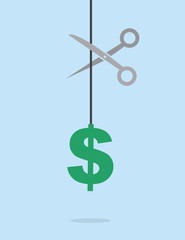 Dollar sign symbol on a string about to be cut with scissors