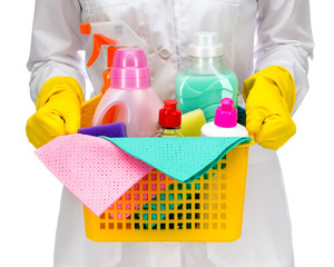 Cleaner maid woman with plastic basket