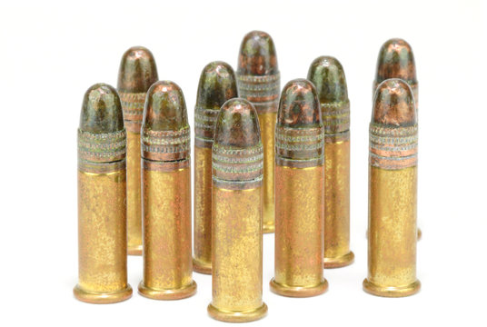 Ten, twenty-two (.22) caliber rifle rounds, standing, on white